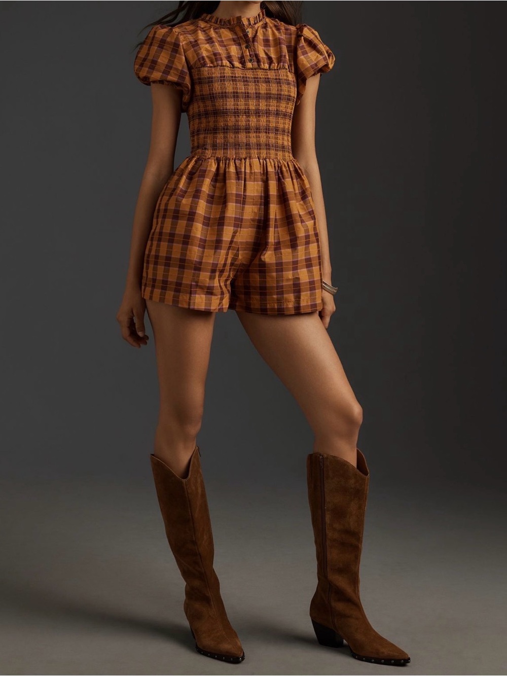 MAEVE Anthropologie Puff-Sleeve Smocked Elastic Romper Brown Orange Plaid Sz. L - Picture 7 of 7